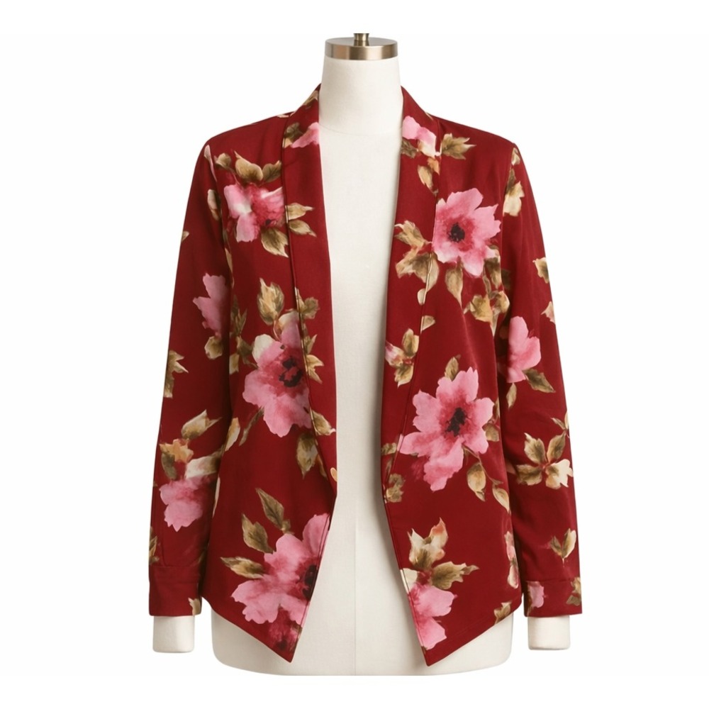 Womens Burgundy Sile L Floral Open Front Blazer Jacket Cardigan Chocolate USA Lq